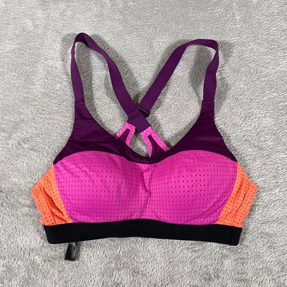 Victoria's Secret Sports Bra Purple Pink Orange Perforated Racerback Size 34A